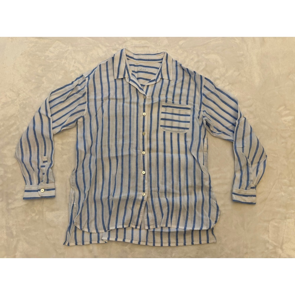 J. Jill Love Linen Blue White Striped Button Down Shirt Long Sleeve 100% Linen